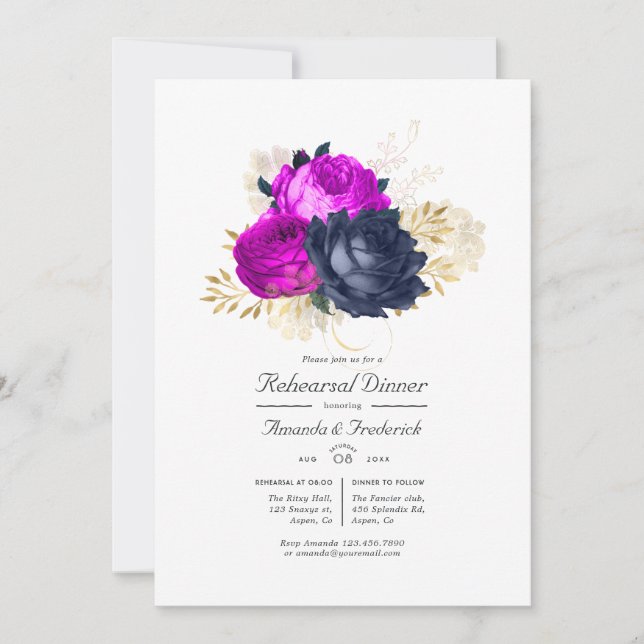 Magenta Navy and Gold Floral Rehearsal Dinner Invitation (Front)