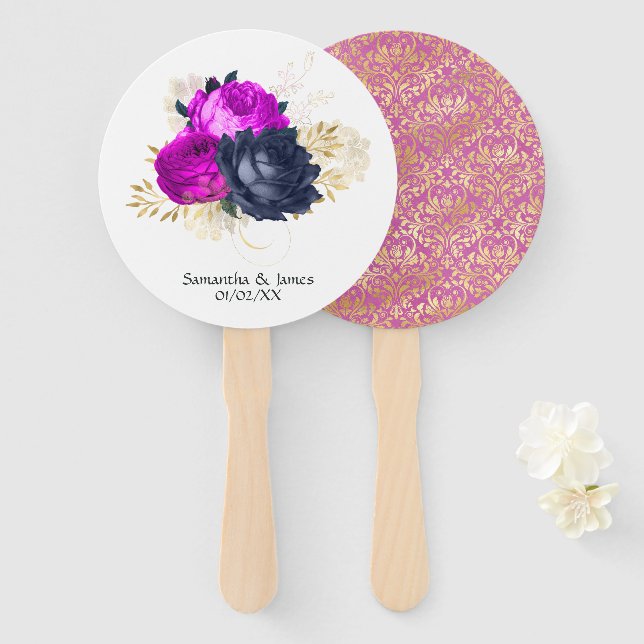 Magenta Navy and Gold Floral Wedding Hand Fan (Front and Back)
