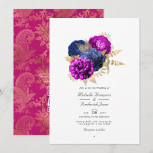 Magenta Navy and Gold Floral Wedding QR Code Rsvp Invitation