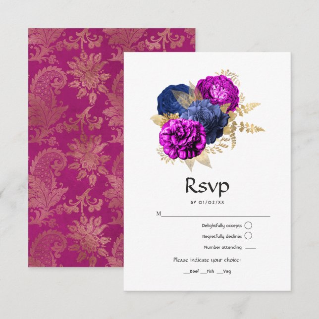 Magenta Navy and Gold Floral Wedding RSVP Card (Front/Back)