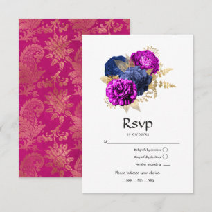 Magenta Navy and Gold Floral Wedding RSVP Card