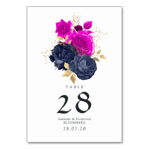 Magenta Navy and Gold Floral Wedding Table Number