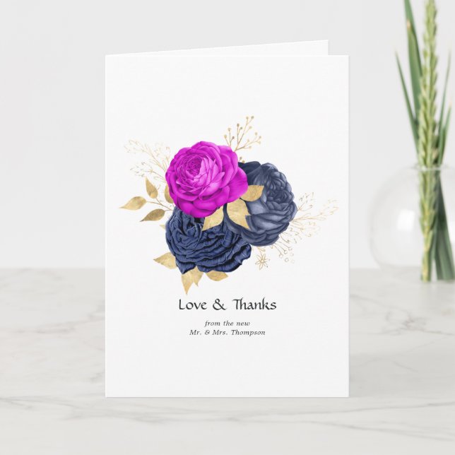 Magenta Navy and Gold Floral Wedding Thank You Card (Front)