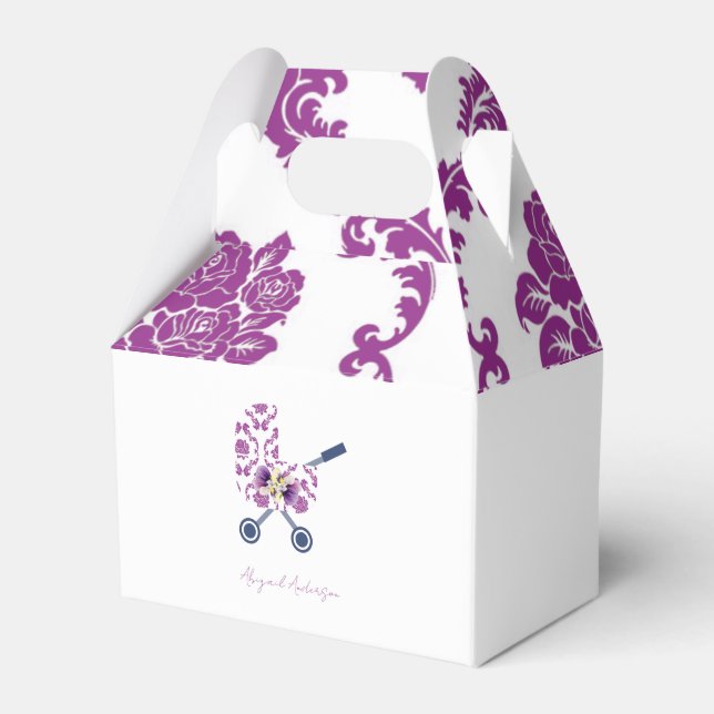 Magenta & Navy Damask Pram Baby Shower  Favour Box (Front Side)