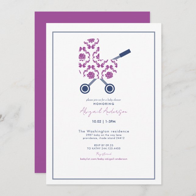 Magenta & Navy Damask Pram Baby Shower  Invitation (Front/Back)