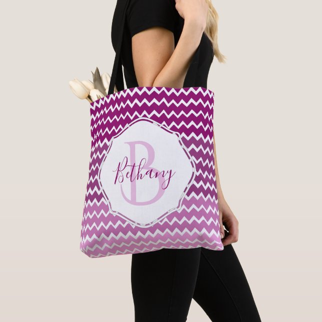 Magenta Ombre Chevron Personalised Tote Bag (Close Up)