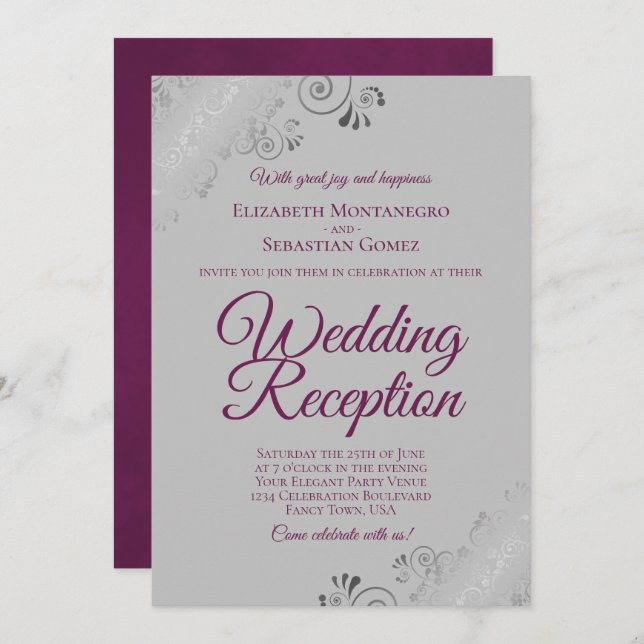 Magenta on Grey Silver Frills Wedding Reception Invitation (Front/Back)