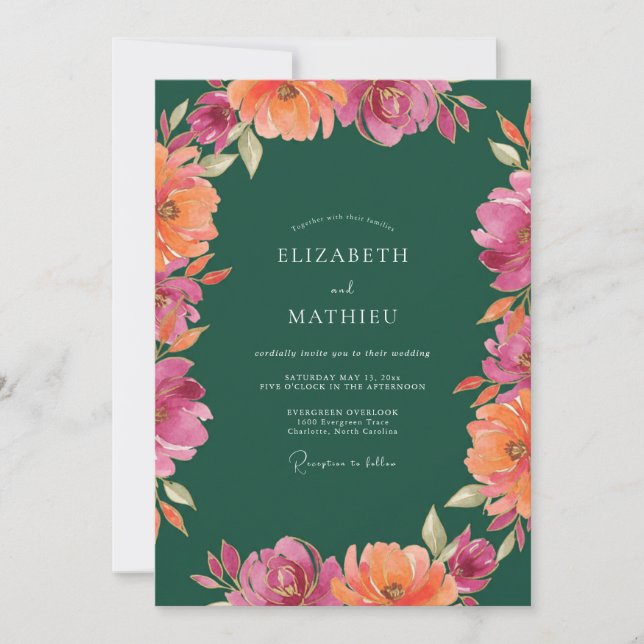 Magenta Orange Peony Wedding Invitation (Front)