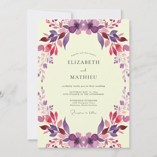 Magenta Painted Wreath Wedding Invitation (Front)