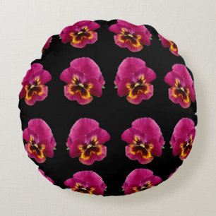 Magenta Pansies On Black, Round Cushion