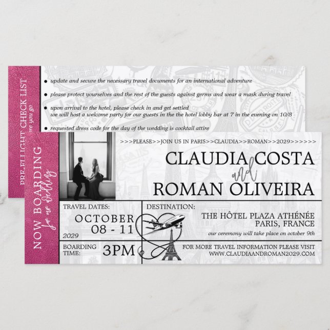 Magenta Paris Wedding Boarding Pass Invitation (Front/Back)