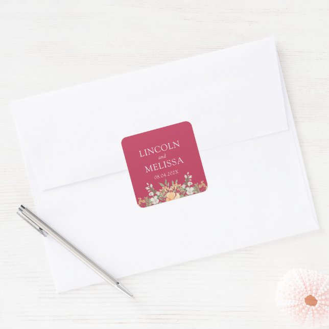 Magenta, Peach and White Floral Wedding  Square Sticker (Envelope)