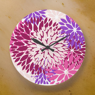 Magenta Peach Burgundy and Purple Stylised Dahlias Large Clock