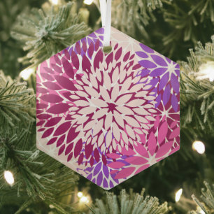 Magenta Peach Burgundy and Purple Stylized Dahlias Glass Tree Decoration