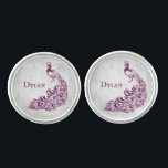 Magenta Peacock Leaf Vine Cuff Links<br><div class="desc">Personalise a unique for your wedding groomsmen with a set of Magenta Peacock Leaf Vine Personalised Cuff Links. Cuff link design features a light grey grunge background with a vibrant magenta peacock with a leaf vine embellishment. Personalise with the groomsmen's name. Additional wedding stationery available with this design as well....</div>