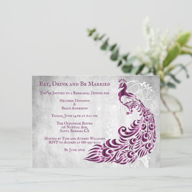 Magenta Peacock Leaf Vine Rehearsal Dinner Invite (Standing Front)