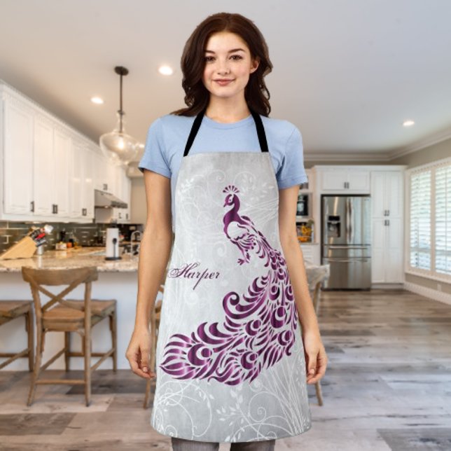 Magenta Peacock Personalise Print Apron (Magenta Peacock Personalized Apron)