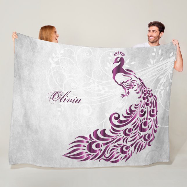 Magenta Peacock Personalised Fleece Blanket (In Situ)