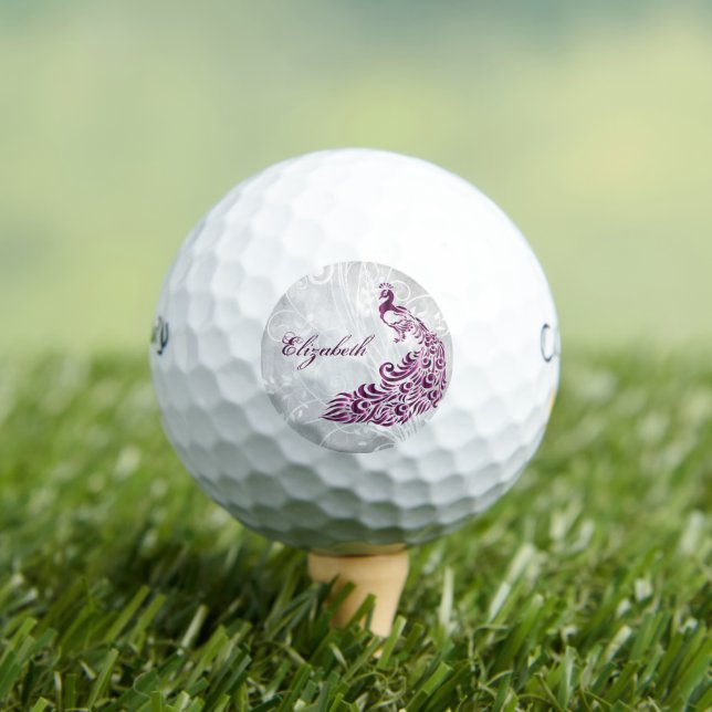 Magenta Peacock Personalised Golf Balls (Insitu Tee)