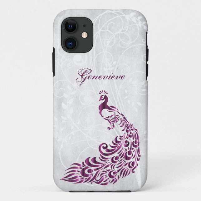 Magenta Peacock Personalised iPhone 11 Case (Back)