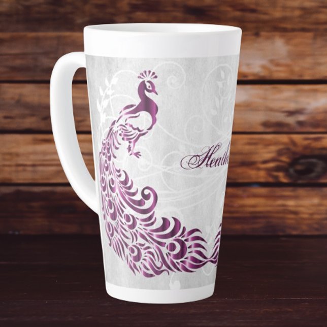 Magenta Peacock Personalised Latte Mug (Magenta Peacock Personalized Latte Mug)