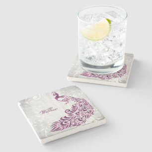 Magenta Peacock Personalised Stone Coaster