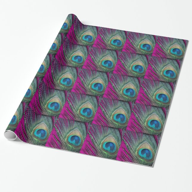 Magenta Peacock with Lines Wrapping Paper (Unrolled)