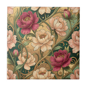 Magenta Peony Floral Pattern Gold Swirls Tile