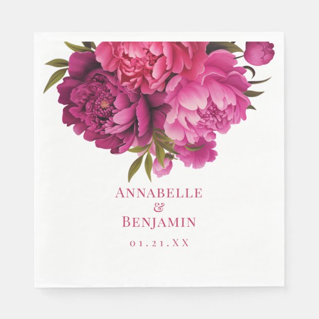 Magenta Peony Floral Wedding  Napkin (Front)