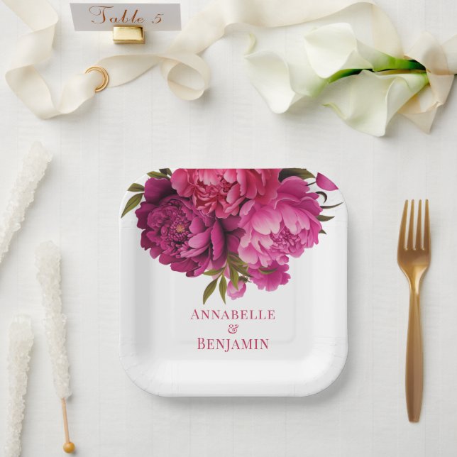 Magenta Peony Floral Wedding  Paper Plate (Wedding)