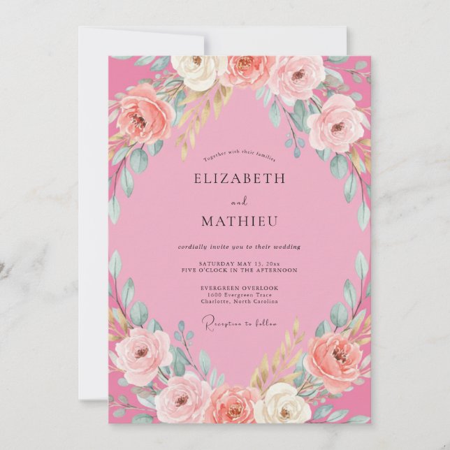Magenta Peony Foliage Wedding Invitation (Front)