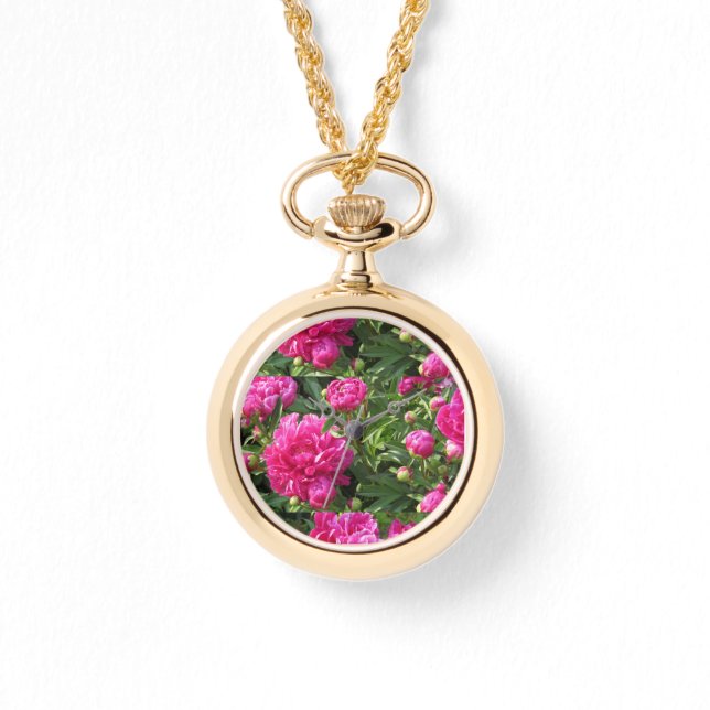 Magenta peony gold necklace timepiece (Front)