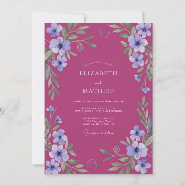 Magenta Periwinkle Wildflower Wedding Invitation (Front)