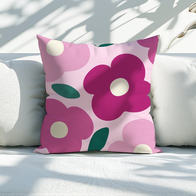 Magenta Pink Abstract Retro Flower Pattern Cushion (magenta pink abstract flower throw pillow)