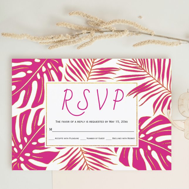 Magenta pink and gold tropical leaves wedding RSVP card (Creator Uploaded)