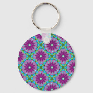 Magenta, Pink and Green Flower Pattern Key Ring