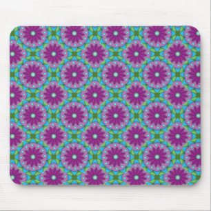 Magenta, Pink and Green Flower Pattern Mouse Mat