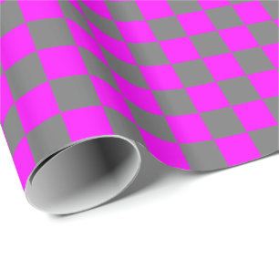 Magenta Pink and Medium Grey Chequerboard Squares Wrapping Paper