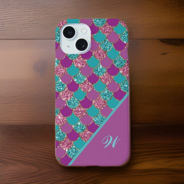 Magenta Pink and Teal Mermaid Scales with Initial iPhone 15 Case (Creator Uploaded)