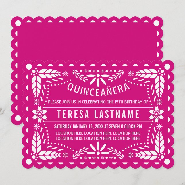 Magenta pink and white papel picado Quinceañera Invitation (Front/Back)