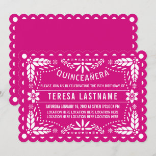Magenta pink and white papel picado Quinceañera Invitation
