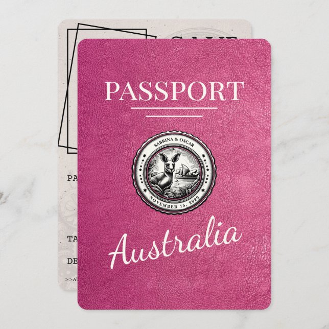 Magenta Pink Australia Passport Save The Date (Front/Back)