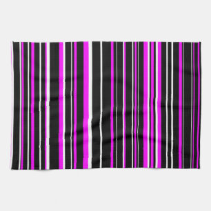 Magenta Pink, Black, and White Barcode Stripe Tea Towel