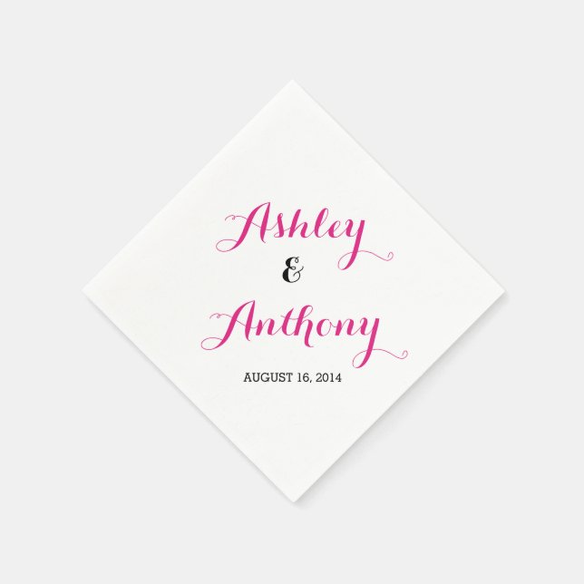 Magenta Pink Black Bride Groom Date Wedding Napkin (Corner)