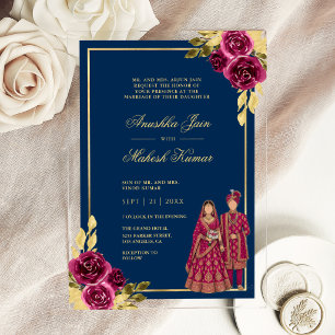 Magenta Pink Blue Gold Indian Couple Wedding Acrylic Invitations