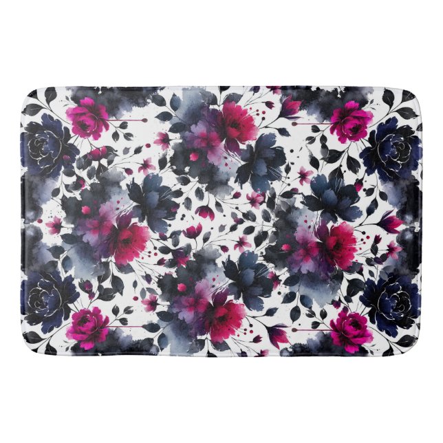 Magenta Pink & Blue Inky Floral Watercolor Bath Mat (Front)