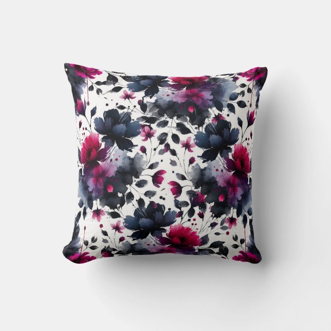 Magenta Pink & Blue Inky Floral Watercolor Cushion (Front)