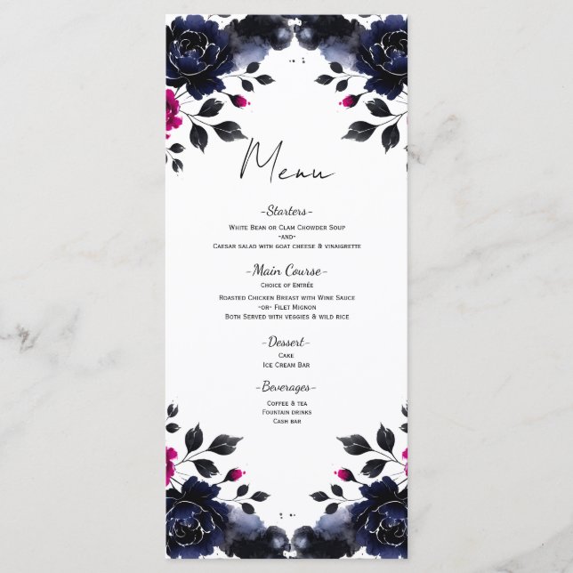 Magenta Pink & Blue Inky Floral Watercolor Menu (Front)