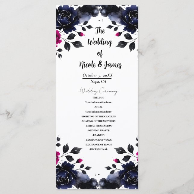 Magenta Pink & Blue Inky Floral Watercolor Program Programme (Front)