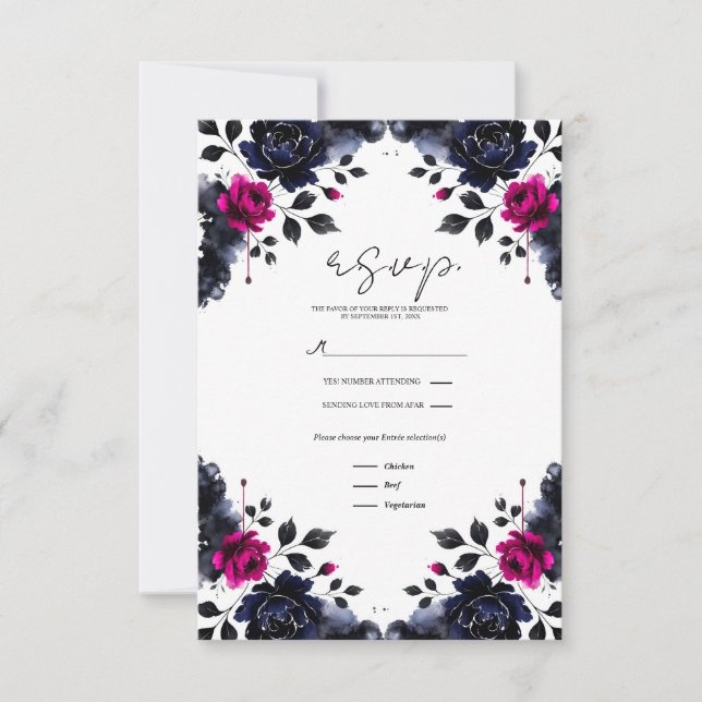 Magenta Pink & Blue Inky Floral Watercolor RSVP Card (Front)